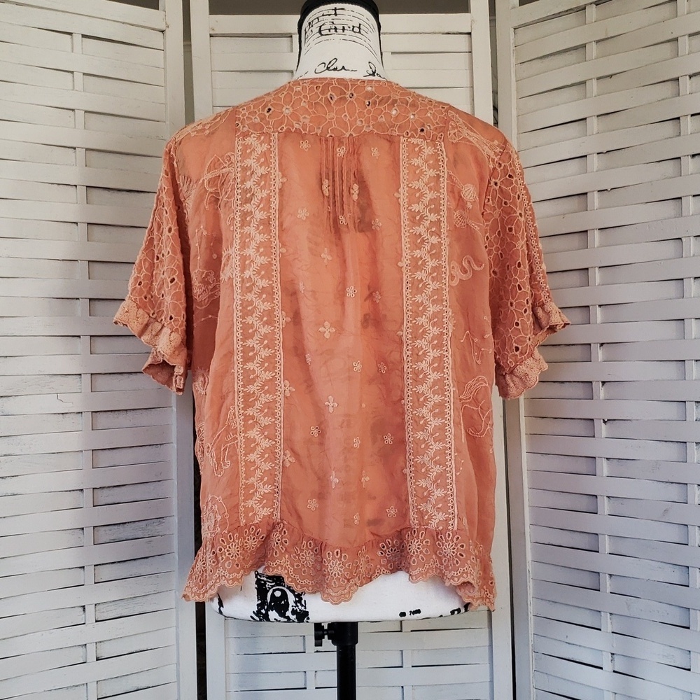 Johnny Was Lace Embroidered Short Sleeves Blouse in Peach - Picture 2 of 7